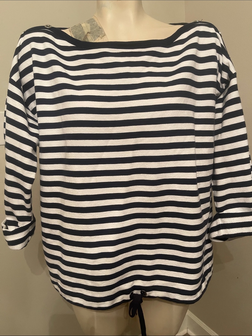 Anne Klein Navy and White Striped Boatneck Top
